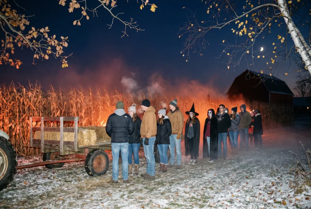 Costumed visitors in winter coats waiting at night beside a hay wagon at the edge of a dark cornfield, fog drifting under red and orange light