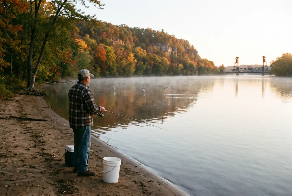 An angler on the wooded bank of the St. Croix River above Stillwater at sunrise, rod in hand, limestone bluffs and mist on the wide river