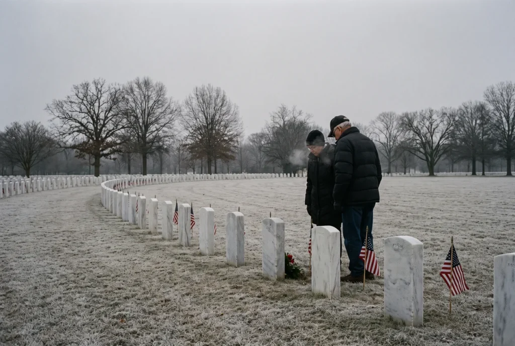 Rows of white marble headstones at Fort Snelling National Cemetery in Minneapolis on a cold grey November morning, small American flags and bare trees