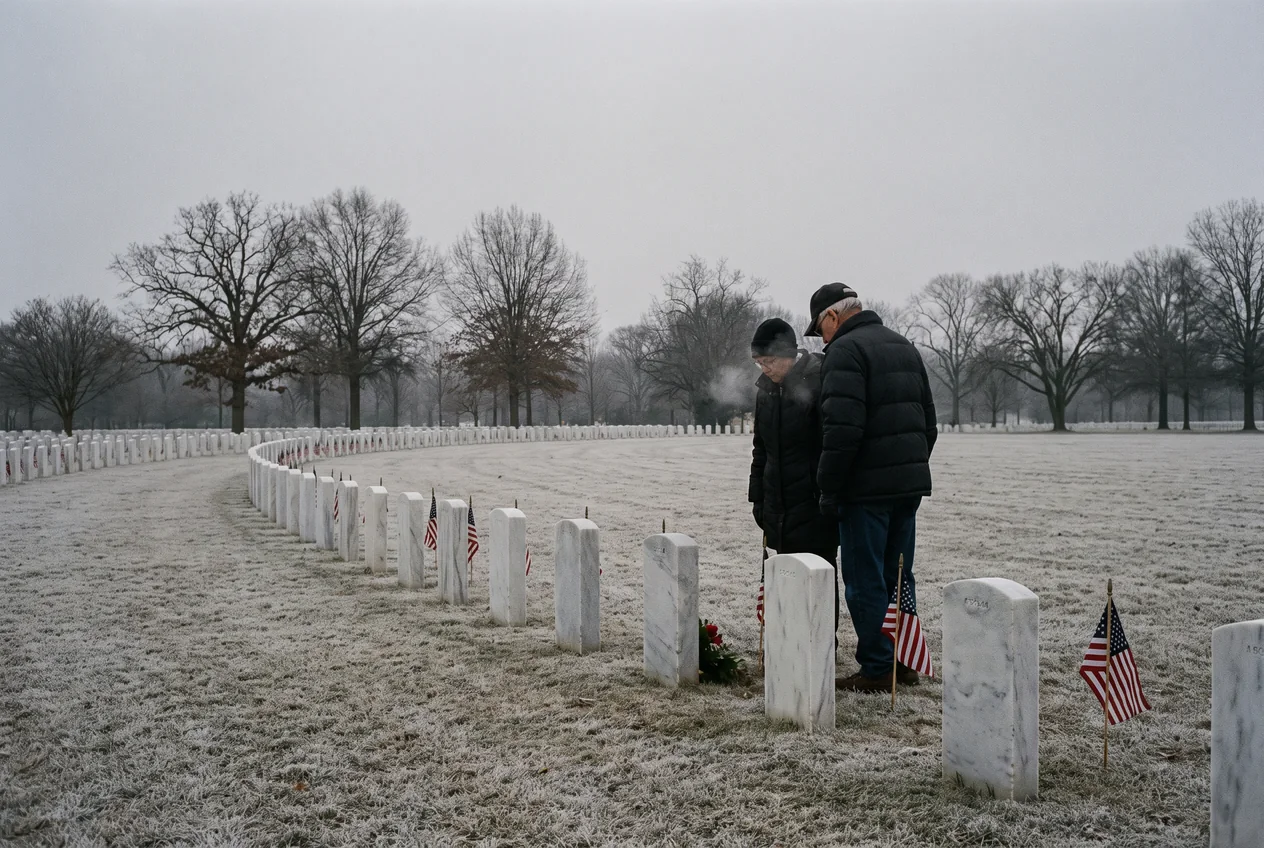 Rows of white marble headstones at Fort Snelling National Cemetery in Minneapolis on a cold grey November morning, small American flags and bare trees